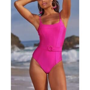 Becca Swim Monte Carlo Belted Rib One-Piece Swimsuit Azalea Large NWT Vacation